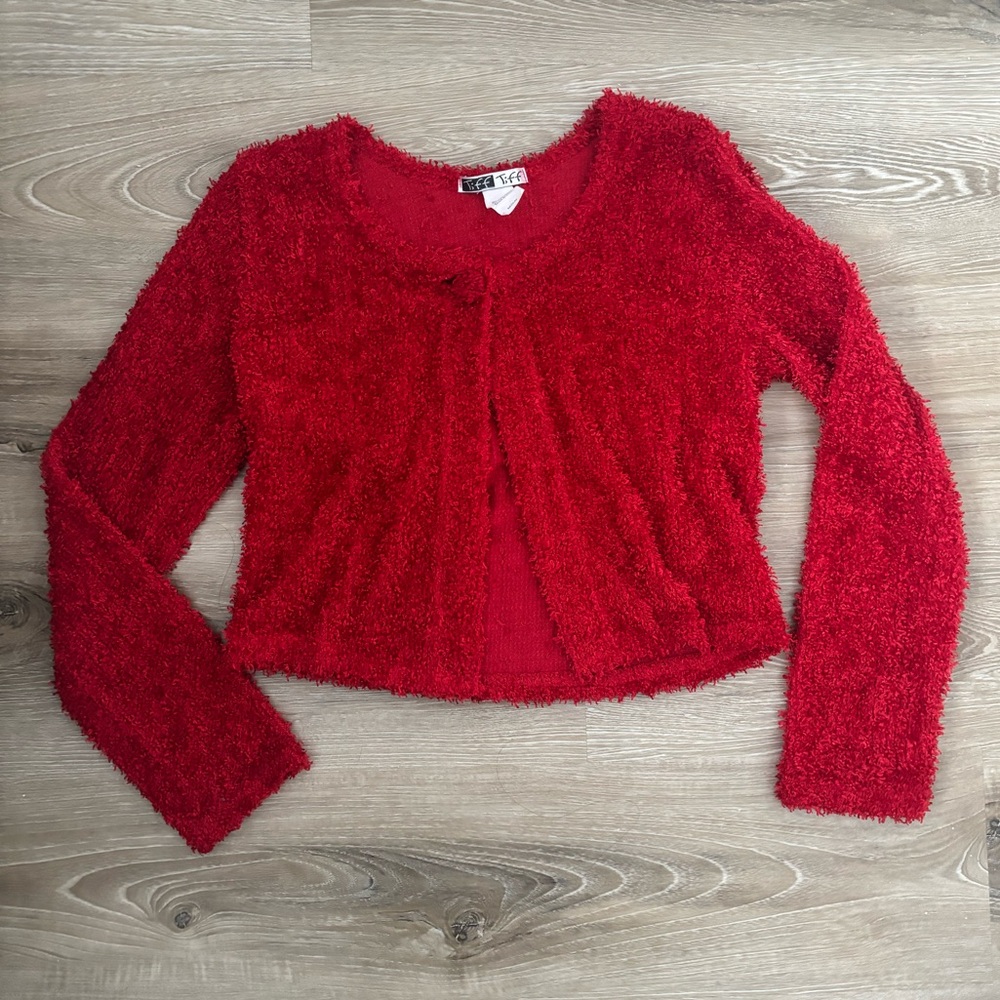 Vintage 90s Tiff Tiff Red Fuzzy Long Sleeve Button Cardigan Bolero